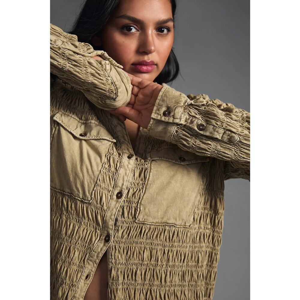 Anthropologie Pilcro Smocked Shacket Button Up Chest Pocket Olive Green Size S - Picture 6 of 16